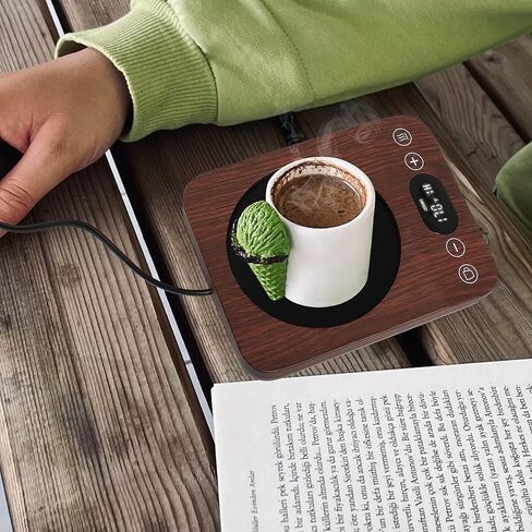 جينكس القهوة القدح أكثر دفئا، الجاذبية شمعة القدح دفئا الكهربائية، تشغيل / إيقاف تلقائي مع 9 إعدادات درجة الحرارة، 1-9 الموقت المشروبات دفئا العملي المحمولة أكثر دفئا للمنزل والمكتب (الخشب) in Kuwait