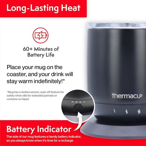 Thermacup Self-Heating Temperature Controlled Coffee Mug with Lid, Led Electric Smart Cup, 3 Custom Heat Settings, Auto/Off Feature, Keeps Liquids Warm, Sip Smarter (Midnight Black – 10 oz). in Saudi Arabia