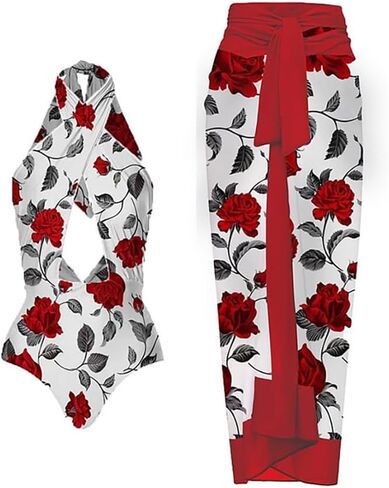 IMEKIS Womens 2 Piece Swimsuit with Cover Ups Set Retro Floral Print One Piece Swimwear Sarong Summer Holiday Outfit in Saudi Arabia