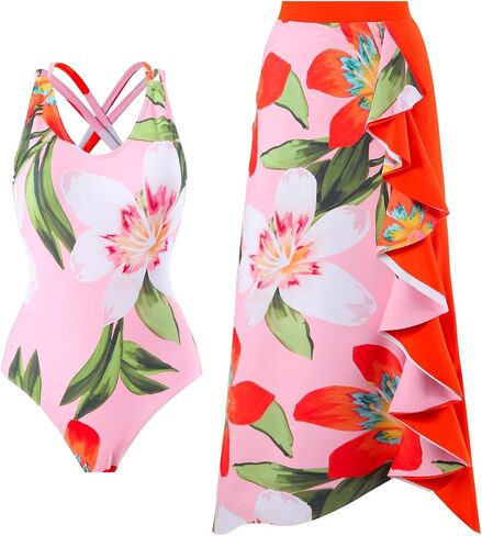 IMEKIS Womens 2 Piece Swimsuit with Cover Ups Set Retro Floral Print One Piece Swimwear Sarong Summer Holiday Outfit in Saudi Arabia