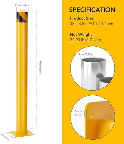 KIMORE Safety Bollard - 36 Inch Height, Yellow Steel Post, Includes 4 Anchor Bolts, Ideal for Traffic Management and Property Protection in Saudi Arabia