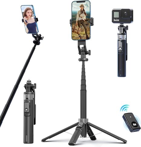 Selfie Stick Tripod for iPhone Stand for Video Recording,53 Inch Selfie Light for iPhone with Light,360 Degree Adjustable Quadripod for Cell Phone Gopro with Remote Aluminium Black in Saudi Arabia