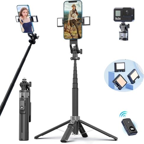 Selfie Stick Tripod for iPhone Stand for Video Recording,53 Inch Selfie Light for iPhone with Light,360 Degree Adjustable Quadripod for Cell Phone Gopro with Remote Aluminium Black in Saudi Arabia