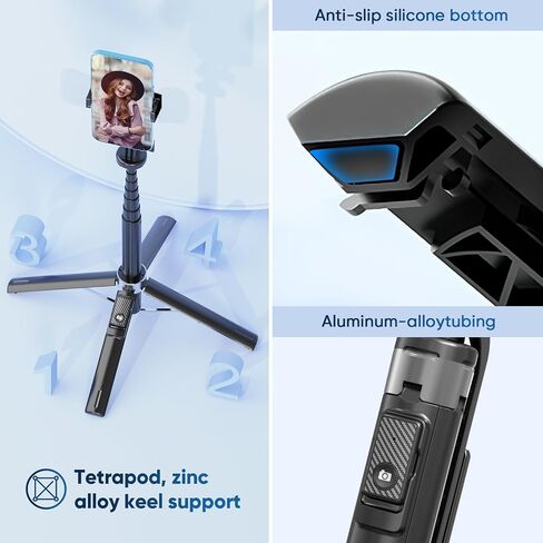 Selfie Stick Tripod for iPhone Stand for Video Recording,53 Inch Selfie Light for iPhone with Light,360 Degree Adjustable Quadripod for Cell Phone Gopro with Remote Aluminium Black in Saudi Arabia