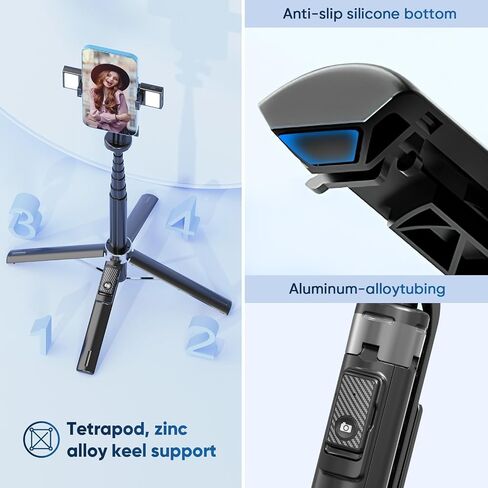 Selfie Stick Tripod for iPhone Stand for Video Recording,53 Inch Selfie Light for iPhone with Light,360 Degree Adjustable Quadripod for Cell Phone Gopro with Remote Aluminium Black in Saudi Arabia