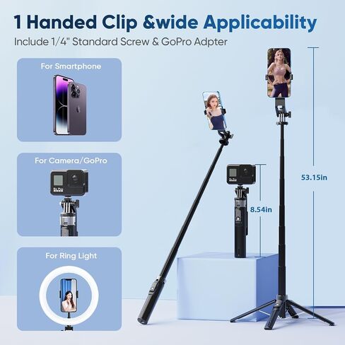Selfie Stick Tripod for iPhone Stand for Video Recording,53 Inch Selfie Light for iPhone with Light,360 Degree Adjustable Quadripod for Cell Phone Gopro with Remote Aluminium Black in Saudi Arabia