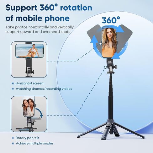 Selfie Stick Tripod for iPhone Stand for Video Recording,53 Inch Selfie Light for iPhone with Light,360 Degree Adjustable Quadripod for Cell Phone Gopro with Remote Aluminium Black in Saudi Arabia