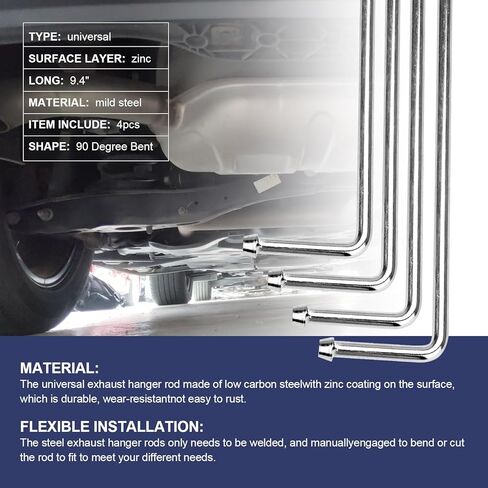 FMTYAOIU 4 حزمة قضبان شماعات العادم العالمية، 9.4 بوصة طويلة 90 درجة عازمة شماعات العادم الصلب، استخدام عالمي لحام على شماعات العادم لرياضات السيارات in Kuwait
