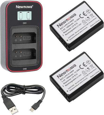 بطارية بديلة Newmowa LP-E10 (عبوتان) وشاشة LCD ذكية شاحن USB مزدوج لكاميرا Canon LP-E10 وCanon EOS Rebel T3 وT5 وT6 وT7 و1100D و1200D و2000D و4000D وKiss X50 وKiss X70 الرقمية in Kuwait