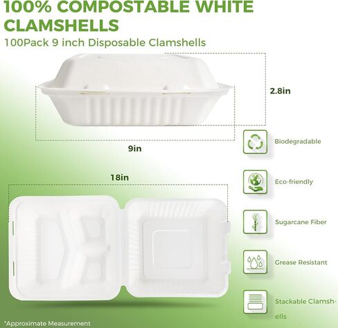 Azure Zone، 9 بوصة، صدفة قابلة للتحلل البيولوجي مكونة من 3 أقسام، 100 عبوة جاهزة للاستخدام، صديقة للبيئة، قابلة للتحلل الحيوي مصنوعة من ألياف قصب السكر in Kuwait