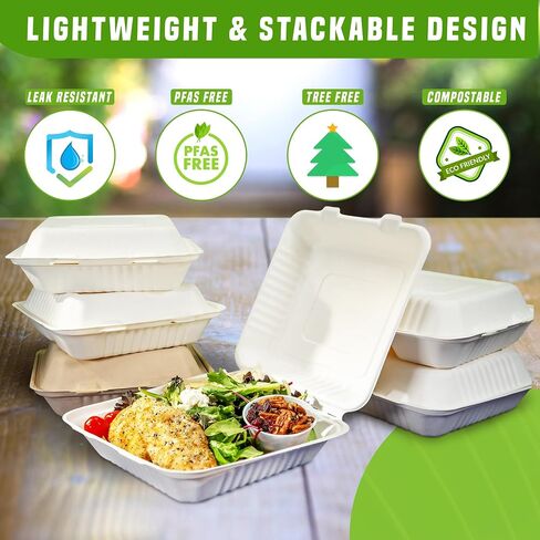 Eland 9x9 Compostable To Go Containers [50-Pack]|Biodegradable Clamshell Take Out Food Containers | PFAS-Free | Perfect for Carryout and Takeout - Natural(EL-19091BN) in Saudi Arabia