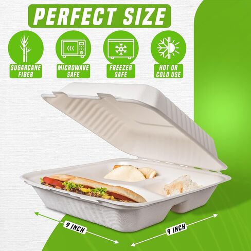 Eland 9x9 Compostable To Go Containers [50-Pack]|Biodegradable Clamshell Take Out Food Containers | PFAS-Free | Perfect for Carryout and Takeout - Natural(EL-19091BN) in Saudi Arabia