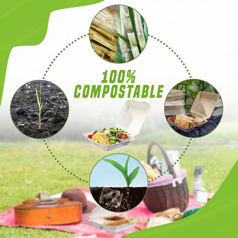 Eland 9x9 Compostable To Go Containers [50-Pack]|Biodegradable Clamshell Take Out Food Containers | PFAS-Free | Perfect for Carryout and Takeout - Natural(EL-19091BN) in Saudi Arabia