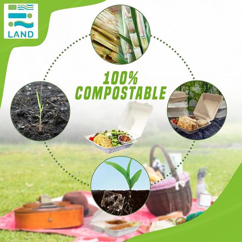 Eland 9x9 Compostable To Go Containers [50-Pack]|Biodegradable Clamshell Take Out Food Containers | PFAS-Free | Perfect for Carryout and Takeout - Natural(EL-19091BN) in Saudi Arabia