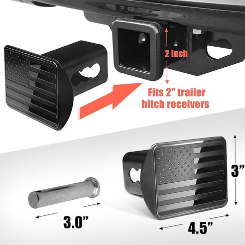 غطاء جهاز استقبال وصلة المقطورة المعدنية مقاس 2 بوصة من Anley - شعار العلم الأمريكي الأسود الوطني - طلاء كهربائي مقاوم للصدأ - متوافق مع جهاز استقبال وصلة الجر القياسي 2 بوصة للسيارة والشاحنة وجيب وRV in Kuwait