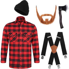 Ramede 5 Pcs Christmas Lumberjack Costume Set Plaid Flannel Shirt Foam Axe Fake Beard Black Beanie Suspender for Cosplay in Saudi Arabia
