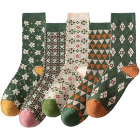 RosyClouds Womens Girls Cute Novelty Crew Socks Vintage Argyle Plaid Patterned Cotton Casual Socks 5 Pairs in Kuwait