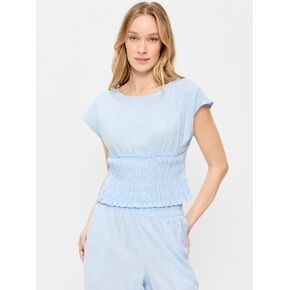 Old Navy Linen-Blend Short-Sleeve Smocked Top - Sky Maintenance in Saudi Arabia