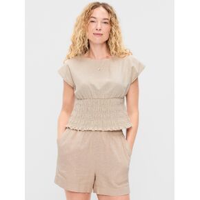 Old Navy Linen-Blend Short-Sleeve Smocked Top - Flax Linen in Saudi Arabia
