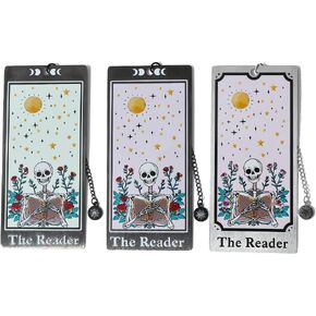 1Pc Unique Skull Reader Bookmark - Metal Bookmark with Black Tassel, Star and Rose Pattern, Engraved “The Reader" Gothic Jewelry, for Women Readers Dark Academia Gothic Gift (Silver Skull Reader) in Kuwait