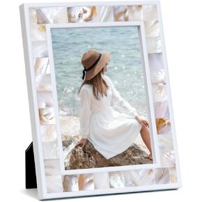 إطار صورة Tanmicoshomy مقاس 8 × 10 مع زجاج مقسّى، وإطارات صور على سطح الطاولة الساحلية بتصميم مرصع بالفسيفساء الطبيعية مع خطافات تثبيت على الحائط (8 × 10 بوصة، أبيض، قطعة واحدة) in Kuwait