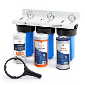 Aquaboon 3-Stage Whole House Water Filter System for Sediment & Odors Reduction Comes with 10" House Water Filters, Wrench, Bracket, Gauge & Release in Kuwait
