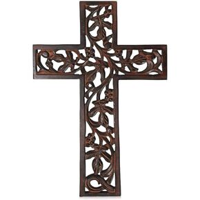 الصليب الخشبي الصليب المصنوع يدويًا مع منحوتات يدوية هدايا معمودية معلقة زخرفة لديكور الجدران والكنيسة (10 "L x 6" W -Brown) in Kuwait