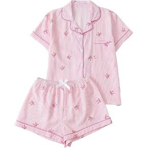 WDIRARA Women's Striped Bow Print Pajama Set Short Sleeve Button Down Shorts Pjs Sleepwear in Saudi Arabia