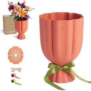 Bouquet Vase for Lego & Fresh Flowers - Flower Arrangement Vase with Floral Grid & Ribbons, Impact Resistant, BPA-Free Material, Home Decor Gift for Lego & Flower Lovers (Terracotta Orange) in Saudi Arabia