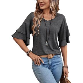 Womens Top Ruffle T Shirts Short Sleeve Blouses V Neck Tee Bell Sleeve Fall Spring Summer Fashion Clothes Cute Tunic in Saudi Arabia