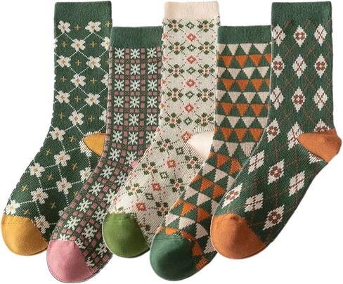 RosyClouds Womens Girls Cute Novelty Crew Socks Vintage Argyle Plaid Patterned Cotton Casual Socks 5 Pairs in Kuwait