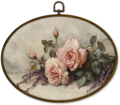 nvucamd ريفي الوردي روز الأزهار البيضاوي جدار الفن ديكور مؤطرة، خمر الوردي زهرة قماش يطبع جدار الفن، مزرعة رث أنيقة الزهور شنقا الديكور لمعرض الحمام غرفة نوم غرفة المعيشة، 11.3x8.7 في in Kuwait