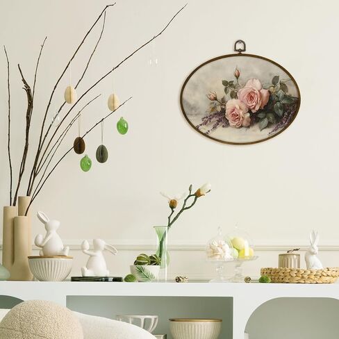 nvucamd ريفي الوردي روز الأزهار البيضاوي جدار الفن ديكور مؤطرة، خمر الوردي زهرة قماش يطبع جدار الفن، مزرعة رث أنيقة الزهور شنقا الديكور لمعرض الحمام غرفة نوم غرفة المعيشة، 11.3x8.7 في in Kuwait