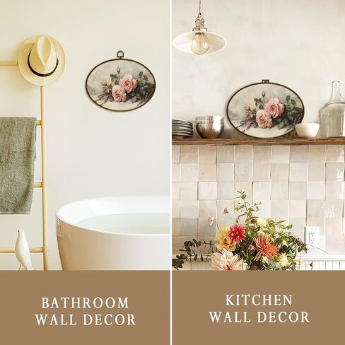 nvucamd ريفي الوردي روز الأزهار البيضاوي جدار الفن ديكور مؤطرة، خمر الوردي زهرة قماش يطبع جدار الفن، مزرعة رث أنيقة الزهور شنقا الديكور لمعرض الحمام غرفة نوم غرفة المعيشة، 11.3x8.7 في in Kuwait