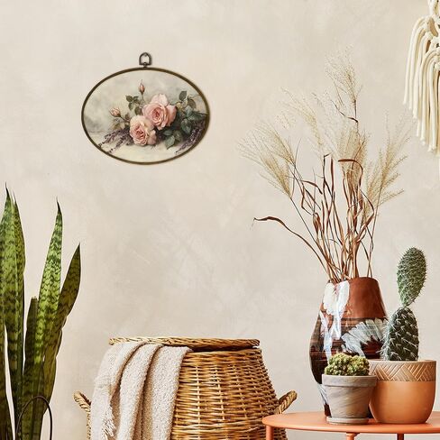 nvucamd ريفي الوردي روز الأزهار البيضاوي جدار الفن ديكور مؤطرة، خمر الوردي زهرة قماش يطبع جدار الفن، مزرعة رث أنيقة الزهور شنقا الديكور لمعرض الحمام غرفة نوم غرفة المعيشة، 11.3x8.7 في in Kuwait