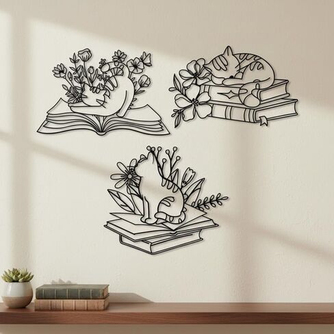 Honeydak 3 Pcs Bookish Metal Wall Art Decor, Cat Sleeping on Books Silhouette with Flowers, Wall Sculpture for Bedroom Study Reading Room Library Bookstore, Cat Lovers & Book Lovers' Gift in Saudi Arabia