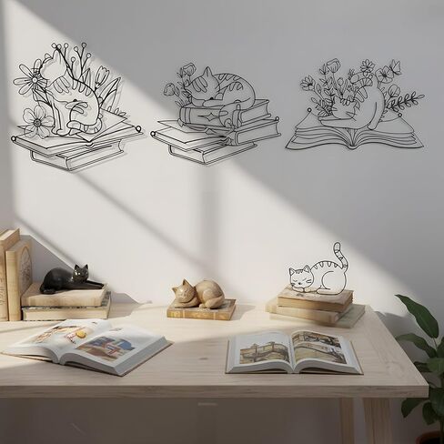 Honeydak 3 Pcs Bookish Metal Wall Art Decor, Cat Sleeping on Books Silhouette with Flowers, Wall Sculpture for Bedroom Study Reading Room Library Bookstore, Cat Lovers & Book Lovers' Gift in Saudi Arabia