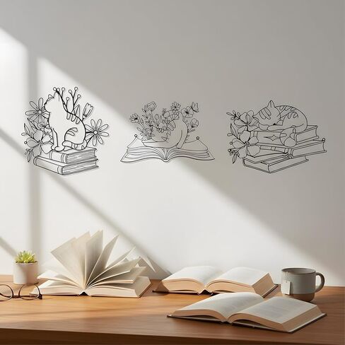 Honeydak 3 Pcs Bookish Metal Wall Art Decor, Cat Sleeping on Books Silhouette with Flowers, Wall Sculpture for Bedroom Study Reading Room Library Bookstore, Cat Lovers & Book Lovers' Gift in Saudi Arabia