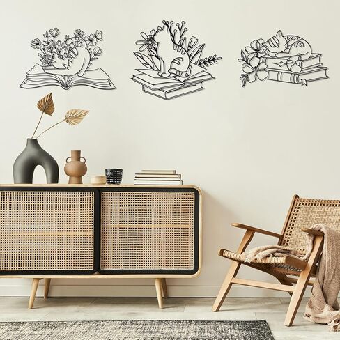 Honeydak 3 Pcs Bookish Metal Wall Art Decor, Cat Sleeping on Books Silhouette with Flowers, Wall Sculpture for Bedroom Study Reading Room Library Bookstore, Cat Lovers & Book Lovers' Gift in Saudi Arabia