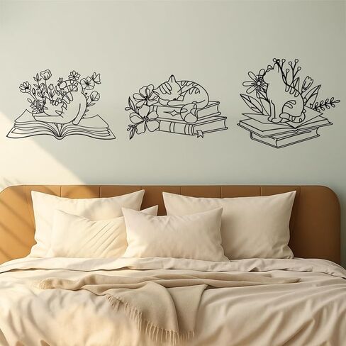 Honeydak 3 Pcs Bookish Metal Wall Art Decor, Cat Sleeping on Books Silhouette with Flowers, Wall Sculpture for Bedroom Study Reading Room Library Bookstore, Cat Lovers & Book Lovers' Gift in Saudi Arabia