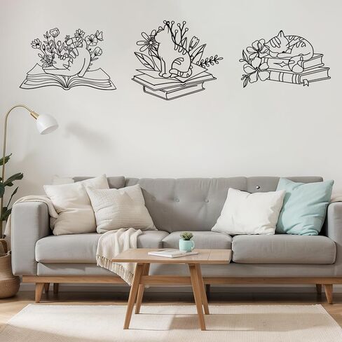 Honeydak 3 Pcs Bookish Metal Wall Art Decor, Cat Sleeping on Books Silhouette with Flowers, Wall Sculpture for Bedroom Study Reading Room Library Bookstore, Cat Lovers & Book Lovers' Gift in Saudi Arabia