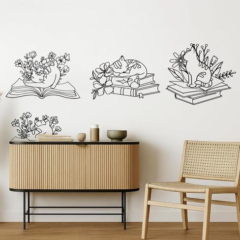 Honeydak 3 Pcs Bookish Metal Wall Art Decor, Cat Sleeping on Books Silhouette with Flowers, Wall Sculpture for Bedroom Study Reading Room Library Bookstore, Cat Lovers & Book Lovers' Gift in Saudi Arabia
