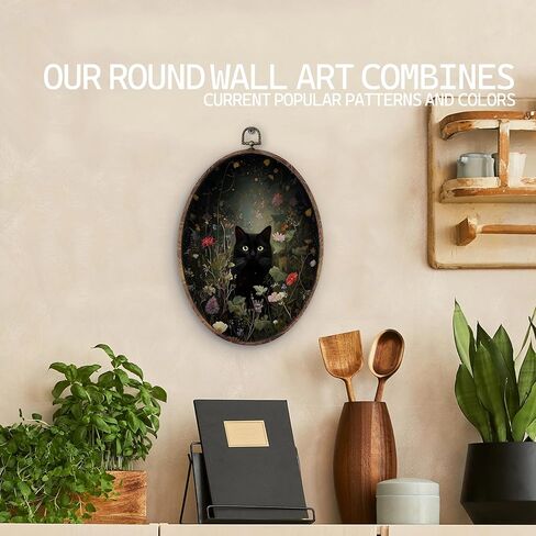 KTYHD Dark Academia Black Cat Botanical Oval Wall Art Decor,Vintage Botanical Gothic Moody Oval Canvas Wall Art,Dark Academia Wildflower Pictures Framed Decor for Kitche Home Bathroom Home Décor Products in Saudi Arabia
