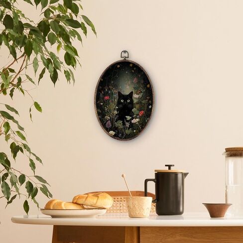 KTYHD Dark Academia Black Cat Botanical Oval Wall Art Decor,Vintage Botanical Gothic Moody Oval Canvas Wall Art,Dark Academia Wildflower Pictures Framed Decor for Kitche Home Bathroom Home Décor Products in Saudi Arabia