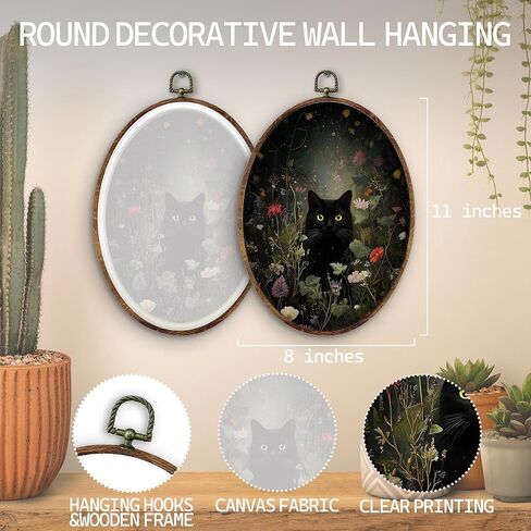 KTYHD Dark Academia Black Cat Botanical Oval Wall Art Decor,Vintage Botanical Gothic Moody Oval Canvas Wall Art,Dark Academia Wildflower Pictures Framed Decor for Kitche Home Bathroom Home Décor Products in Saudi Arabia