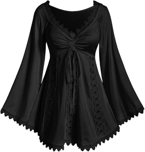 ROSE GAL Women Plus Size Lace Trim Hollow Out Cinched Flare Sleeves T-Shirt Bell Sleeves Renaissance Top in Saudi Arabia