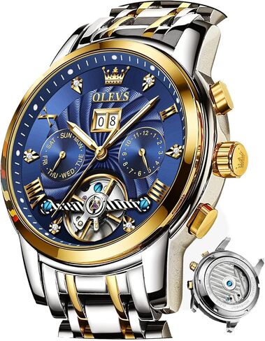 OLEVS Men Automatic Watch Mechanical Self Winding Watches for Men Skeleton Business Dress Luminous Waterproof Diamond Week Month in Saudi Arabia