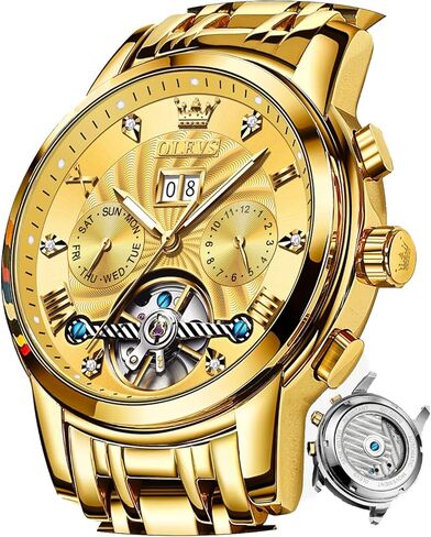 OLEVS Men Automatic Watch Mechanical Self Winding Watches for Men Skeleton Business Dress Luminous Waterproof Diamond Week Month in Saudi Arabia