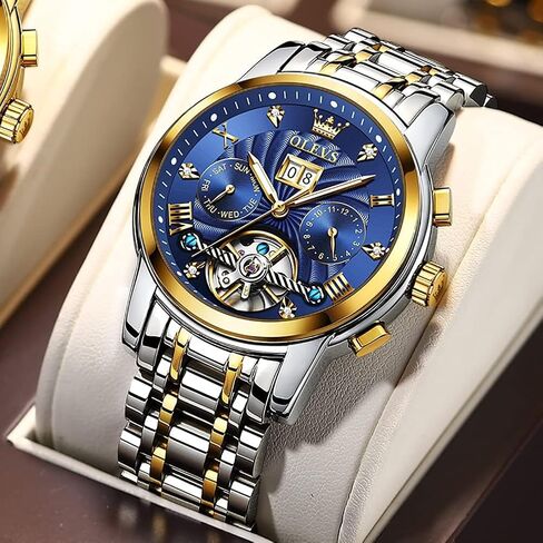 OLEVS Men Automatic Watch Mechanical Self Winding Watches for Men Skeleton Business Dress Luminous Waterproof Diamond Week Month in Saudi Arabia