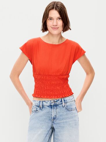 Old Navy Linen-Blend Short-Sleeve Smocked Top - Ornament Orange in Saudi Arabia